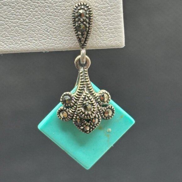 Genuine Turquoise, Marcasites on Sterling Silver Dangle Earrings Minimal Clasd - Picture 4 of 8